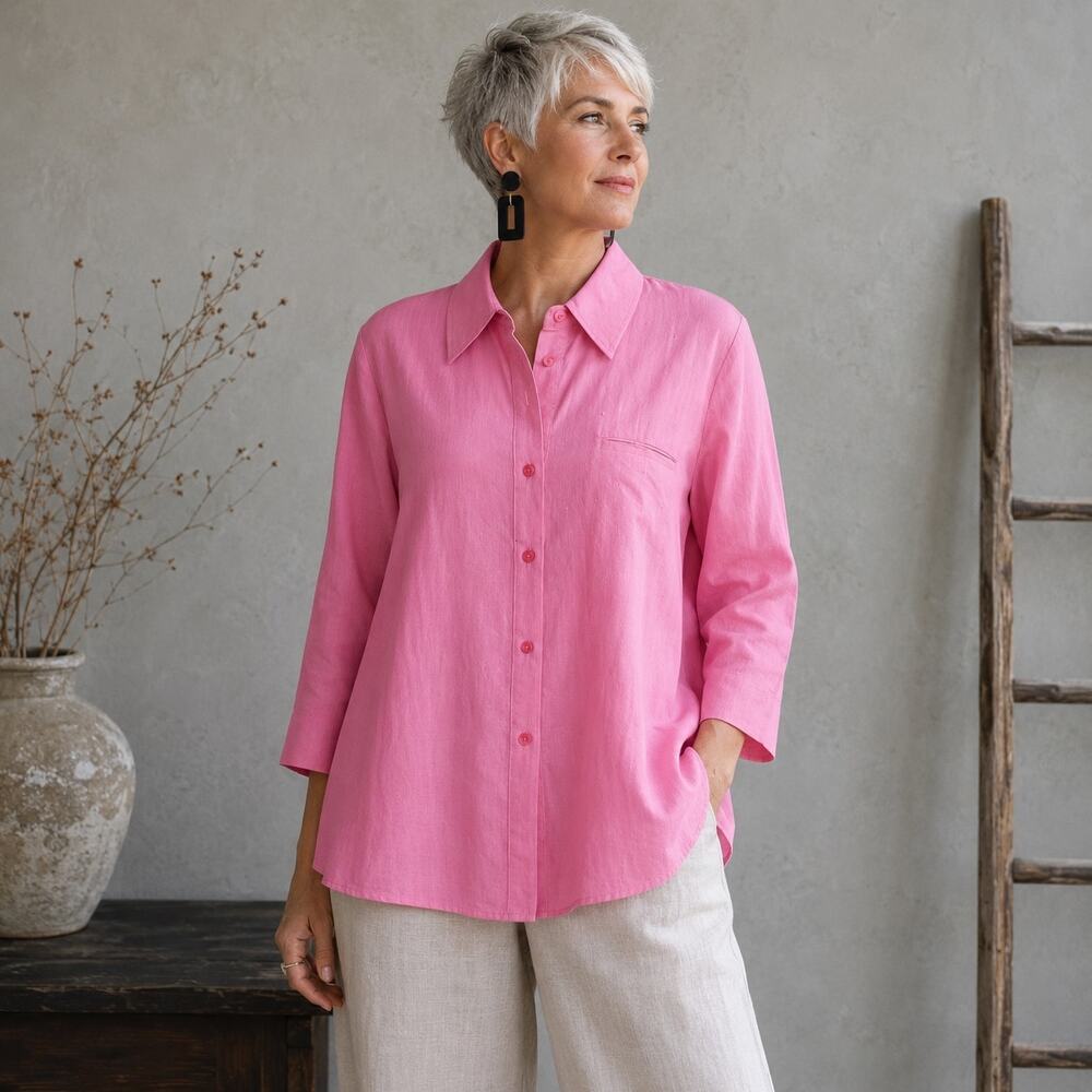 Talbots Rose Pink Cotton Button Front Vintage Top Lg